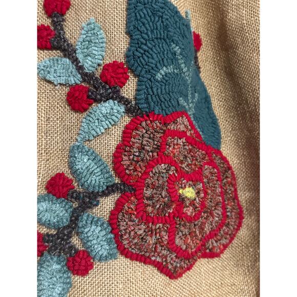 Antique Mid-Century Handmade Floral Hooked Wool Work on Burlap Tote Bag - Picture 6 of 15